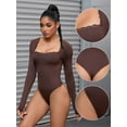 thumbnail image 3 of Unique Bargains Women's Lace Long Sleeve Shapewear Bodysuit Leotard Jumpsuit L Brown, 3 of 6