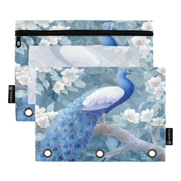 2 Pack 3 Ring Binder Pouch with Clear PVC Window Water Resistant Zipper Pencil Pouch Beautiful Blue Peacock Binder Pocket for Classroom Office Home Stationery Organization