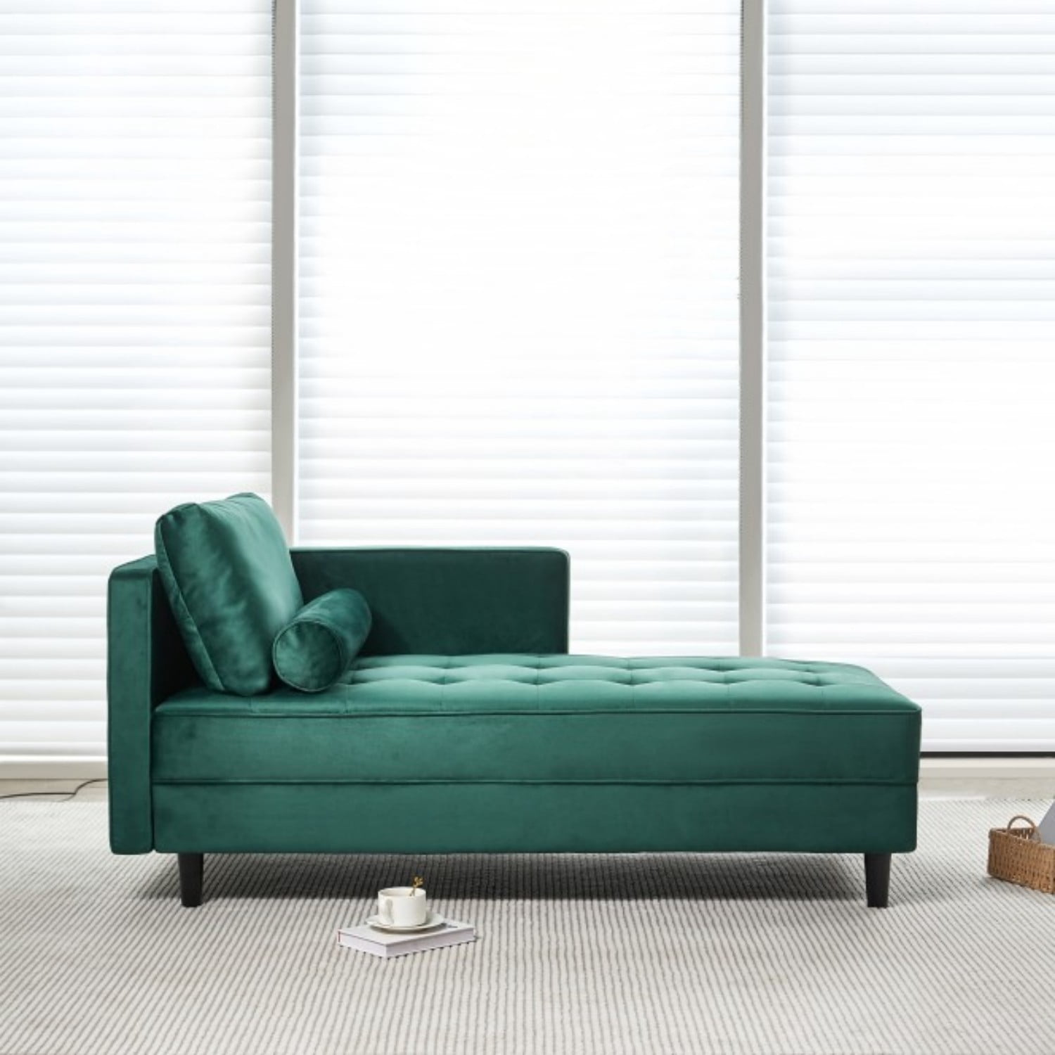 Gewnee Mid-Century Modern Velvet Chaise Lounge with Pillow - For Bedroom, Living Room