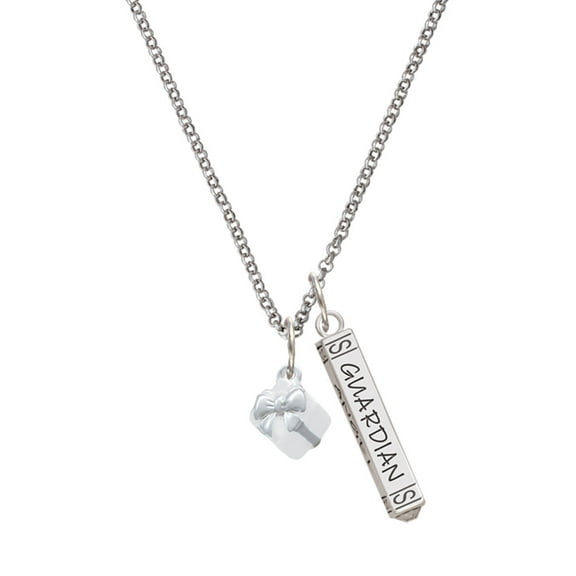 Delight Jewelry Silvertone Small 3-D White Present Box with Bow Silvertone Guardian Angel Bar Charm Necklace, 23"