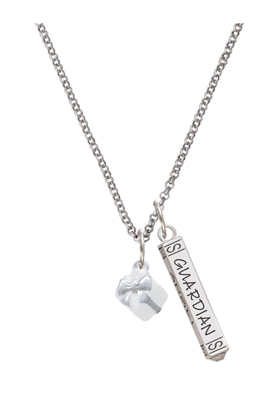 Silvertone Small 3-D White Present Box with Bow Silvertone Guardian Angel Bar Charm Necklace, 23"