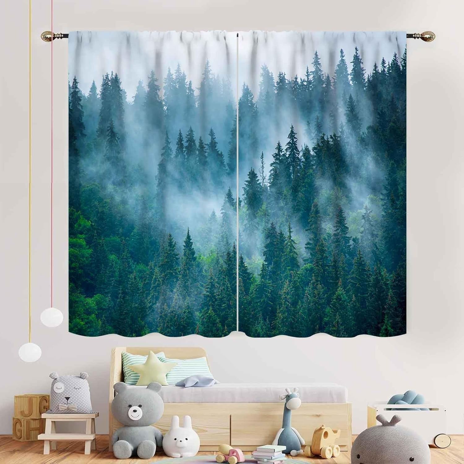 Forest Green Blackout Curtains, Misty Woodland Nature Green Pine Trees Branch Wildlife Landscape Forest Dark Green Scenery Window Drapes Treatment for Bedroom Living Room Kitchen 2 Panel, 52"x84" Inch
