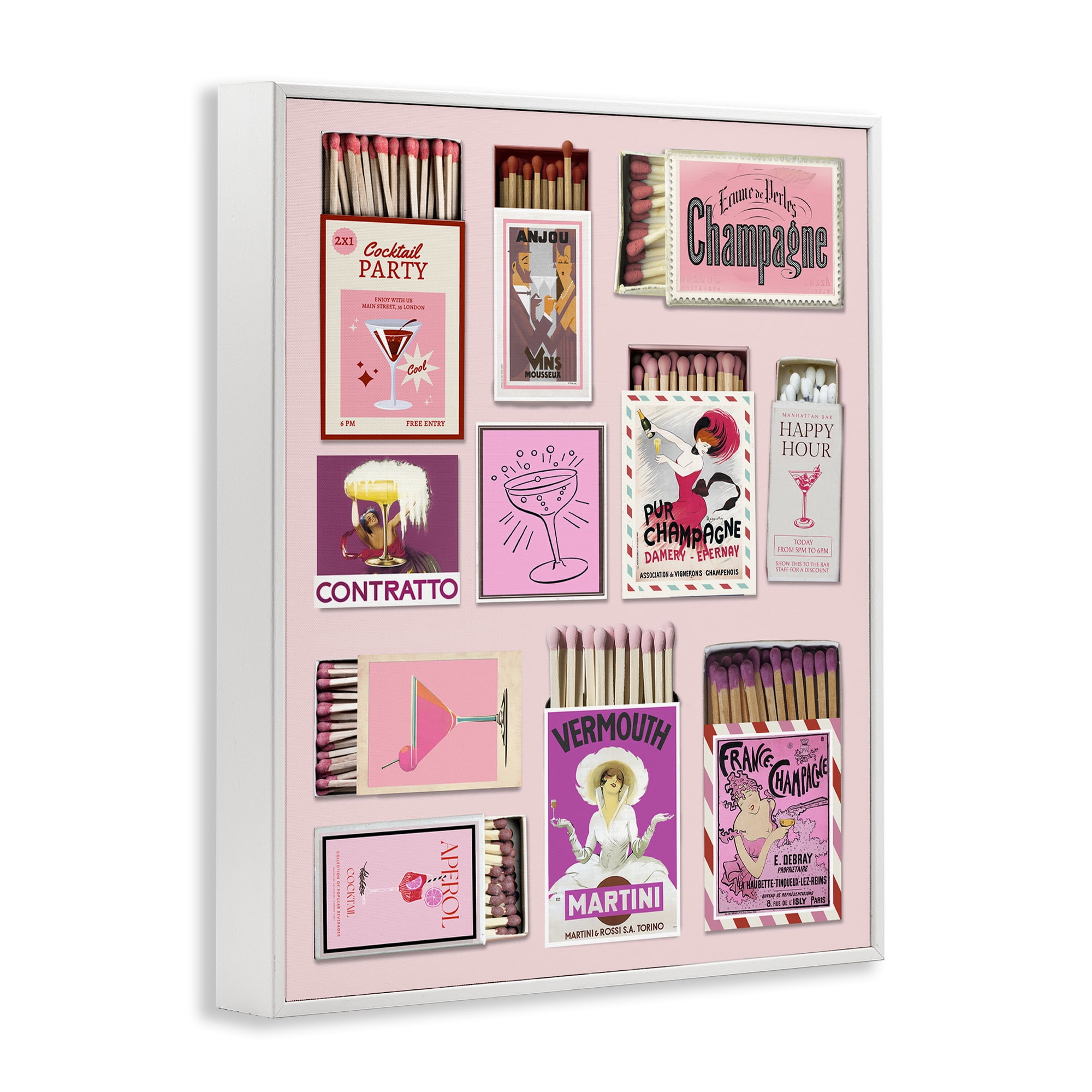 Stupell Industries Champagne & Cocktail Matchboxes White Framed Giclee Art, design by CAD Designs