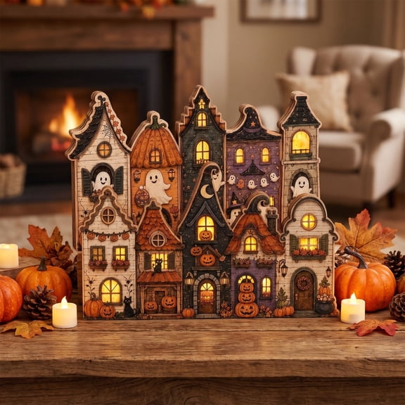 Halloween Village Houses 6 Inch Spooky Halloween Decor, Indoor Halloween Table Decor with Pumpkins Ghosts and Black Cat Accents for Fall Season Home Display, 1 Pack