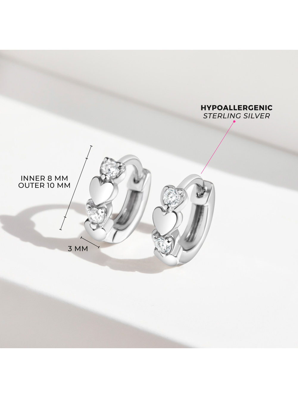 925 Sterling Silver Clear CZ Heart Huggie Hoop Earrings for Little Girls 10mm