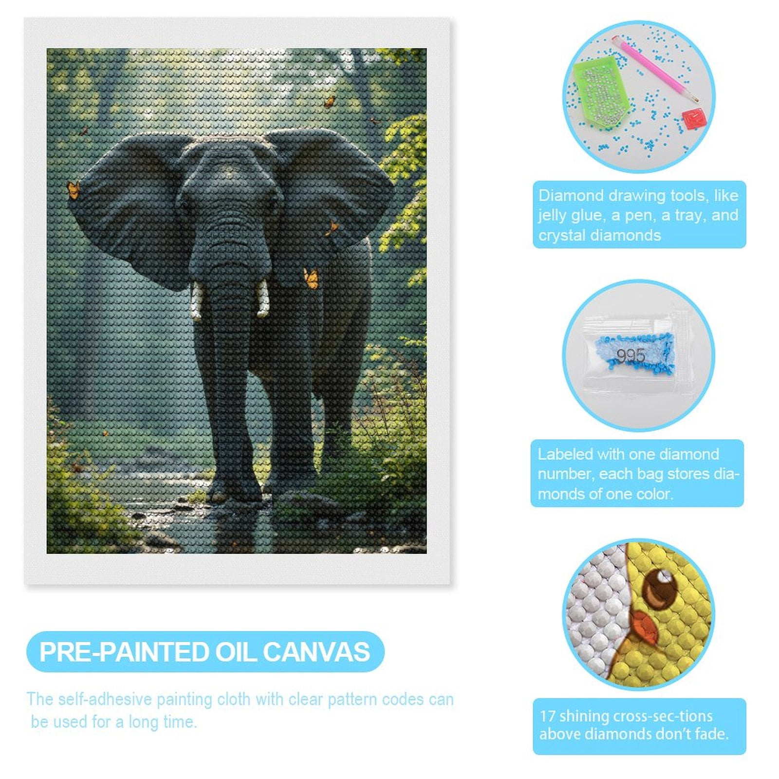 Diamond Art Kits for Adults, Elephant In Forest With Butterflies 5D Diamond Painting Kits for Adults Beginners, DIY Full Drill Diamond Painting, Gem Art and Crafts 12x16