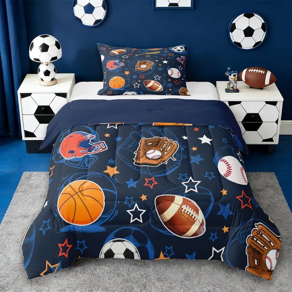 Erosebridal Rugby Sport Helmet Twin Comforter Sets,Basketball Sport Games Kawaii Stars Print Bedding Set For Kids Boys,Reversible Navy 2-Piece