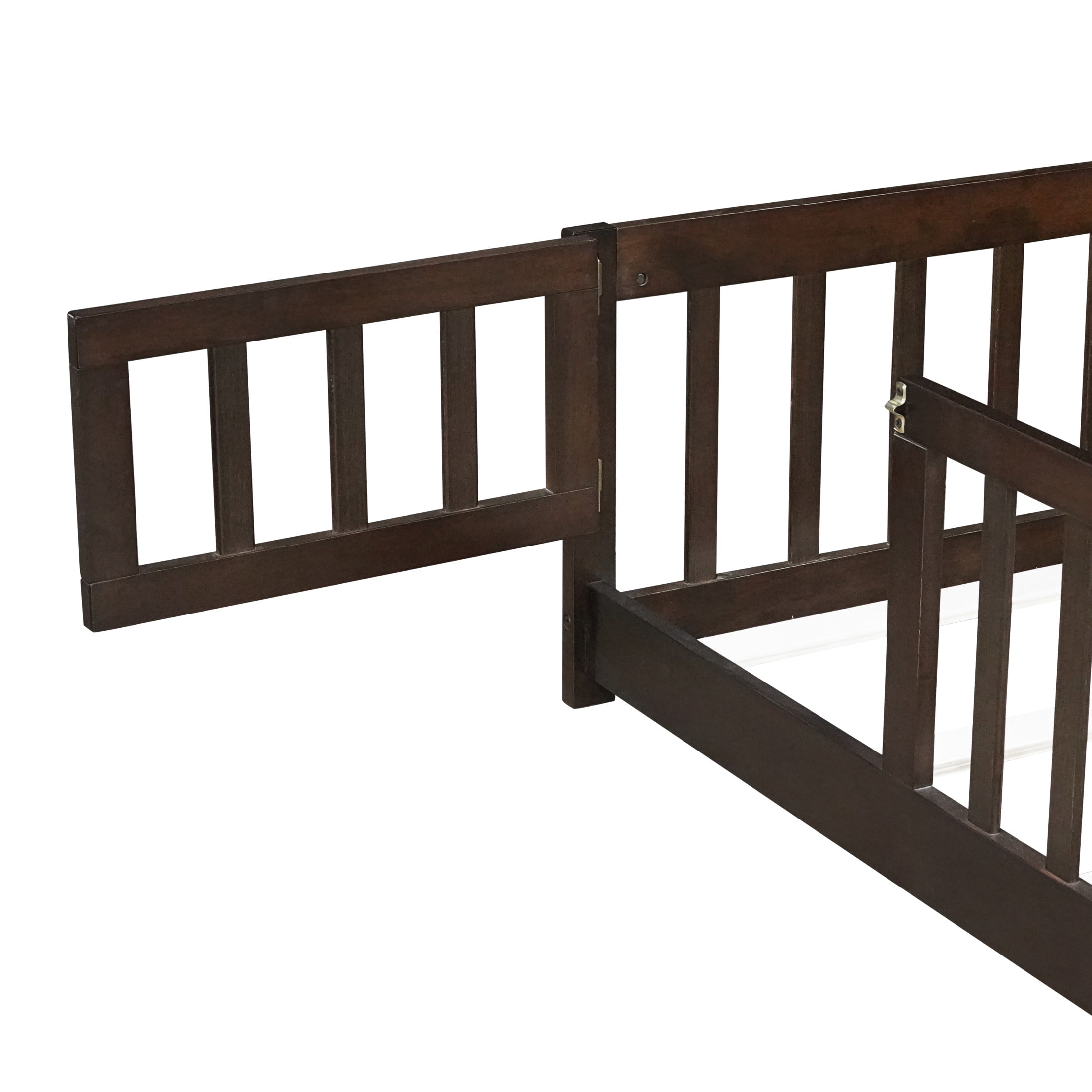 Noble House Twin Floor Bed with Safety Guardrails and Door, Rubber Wood Montessori Bed, Kid's Room, Espresso