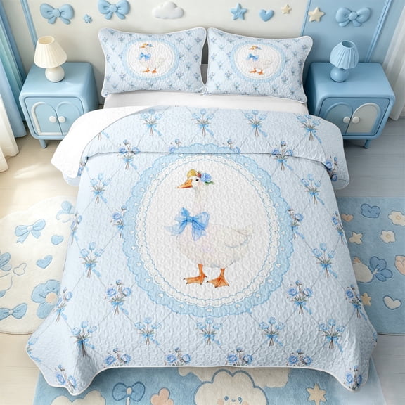 Manfei Cartoon Coquette Bowknot Quilt Full,Lovely Wildlife Goose Full Bedspread Sets,3pcs,1 Coverlet and 2 Pillowcases