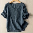 thumbnail image 2 of ClodeEU Women's Embroidered Linen Blend V Neck Short Sleeve T-Shirt ,Casual Top for Summer Navy,Womens Plus XL, 2 of 6