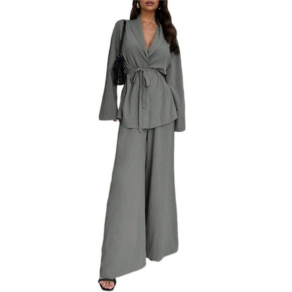Women's 2 Piece Outfits Long Sleeve V Neck Blazer Wide Leg Sets Office Work Clothes Gray M