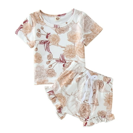 

Boys Girls Clothes Summer Short Sleeve Floral T-Shirt Tops Ruffles Shorts 18 Months Casual Outfits Set