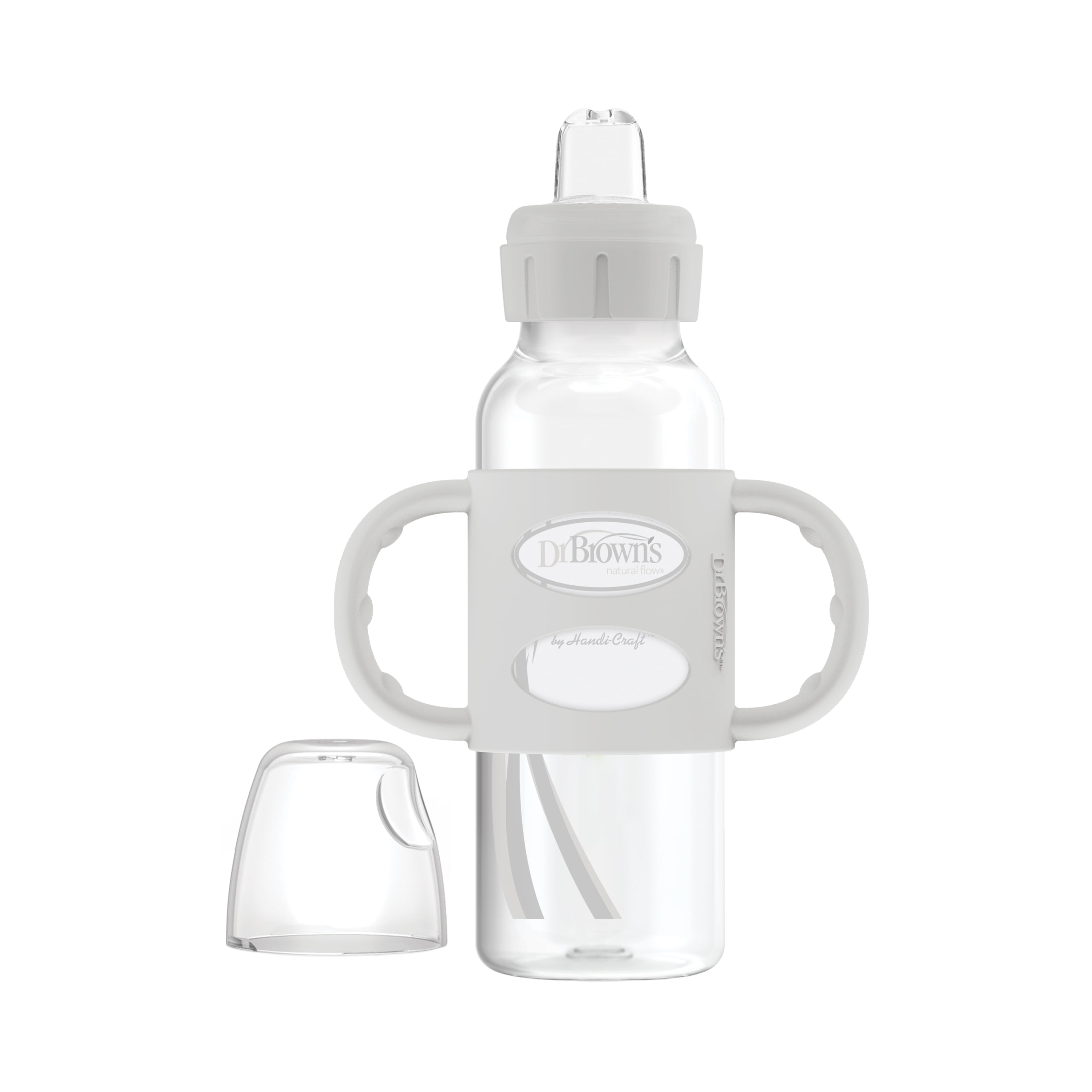 Dr. Brown's Milestones Narrow Transitional Sippy Baby Bottle with Silicone Handles, 8oz/250ml - Gray