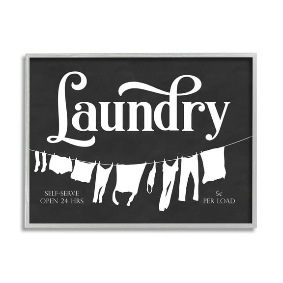 Stupell Industries Laundry Self-Serve Phrase Vintage Hanging Clothesline Graphic Art Gray Framed Art Print Wall Art, 24x30, by Lettered and Lined
