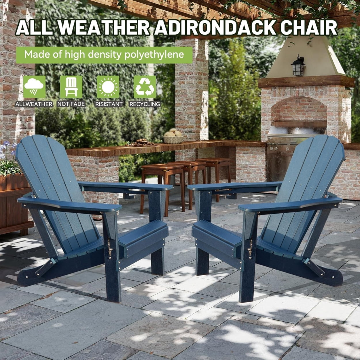 Folding Adirondack Chairs Set of 2, All-Weather HDPE Lawn Chairs with Cup Holder, Comfortable Outdoor Patio Chairs for Deck, Porch, Backyard, Garden, Dark Blue