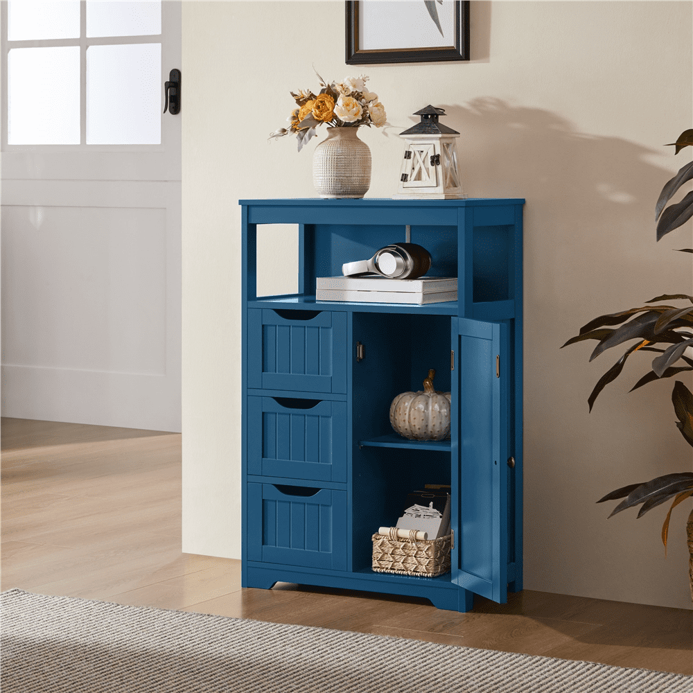 Yaheetech Wooden Floor Cabinet w/ Multi-Tiers & 3 Drawers, Navy Blue