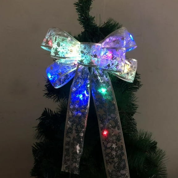 Morttic Glowing Christmas Bow Hanging Pendant Bowknot Tree Topper Light Up Bow Hanging Battery Powered String Light for Xmas Tree Home Yard Garden