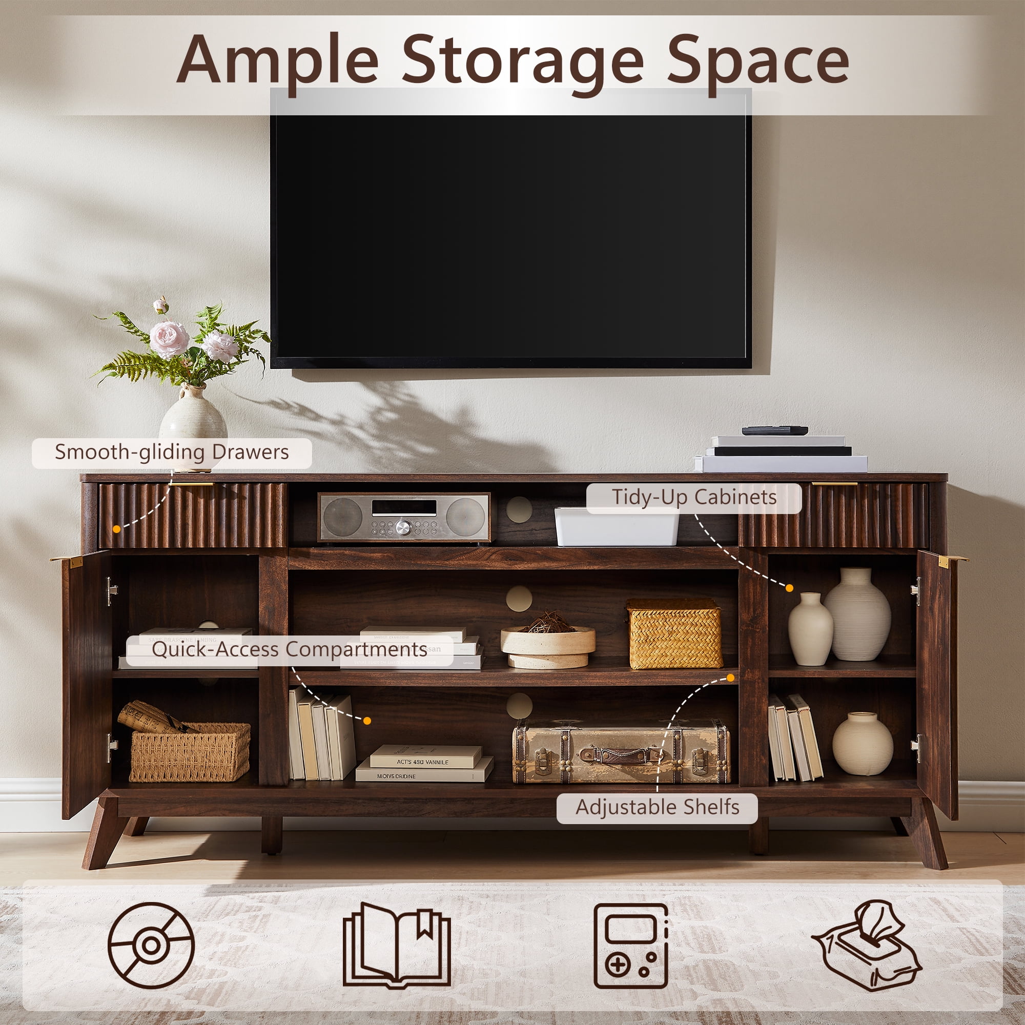 KeyWhat 70" Mid-Century Modern TV Stand for 75" TV, Fluted Doors, Drawers & Adjustable Shelves