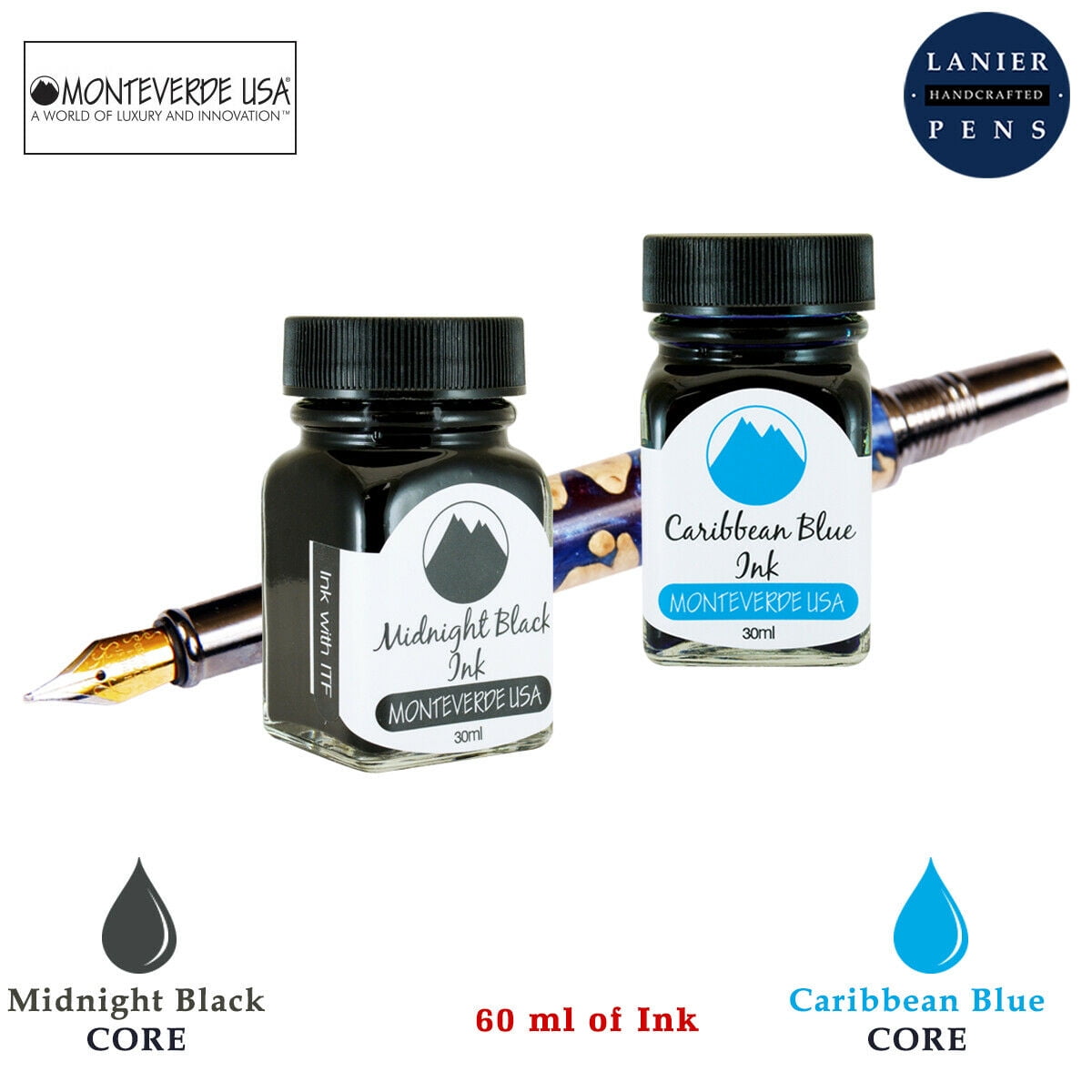 Monteverde 60ml Core Fountain Pen Ink Bottle (30ml Midnight Black Ink Bottle G309MB, 30ml Caribbean Blue Ink Bottle G309CU)