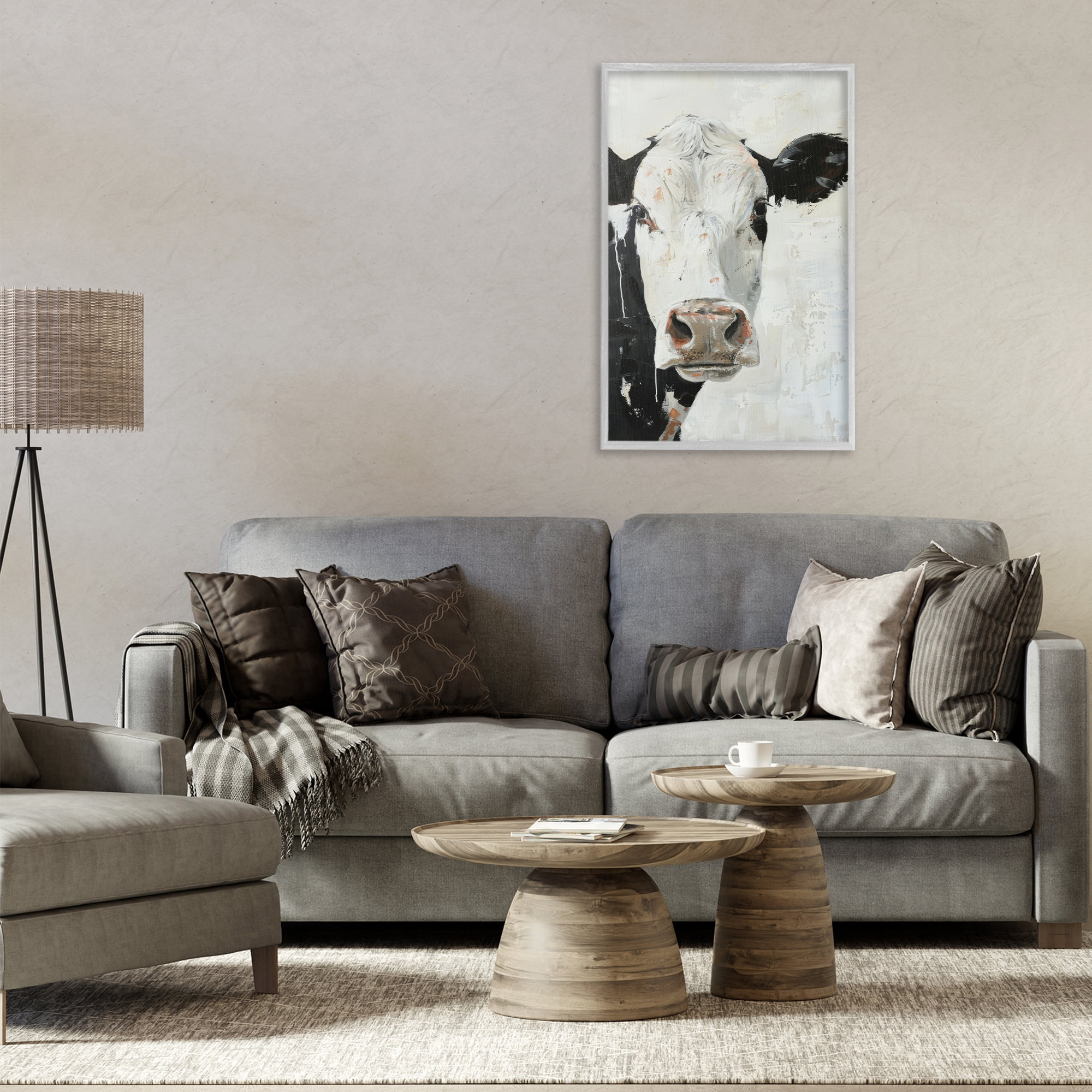 Stupell Industries Up Close Cow Animals & Insects Painting Gray Framed Art Print Wall Art, 20 x 30