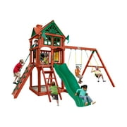 Gorilla Playsets Five Star II Wooden Swing Set with Rock Climbing Wall, 2 Belt Swings, and Trapeze Bar