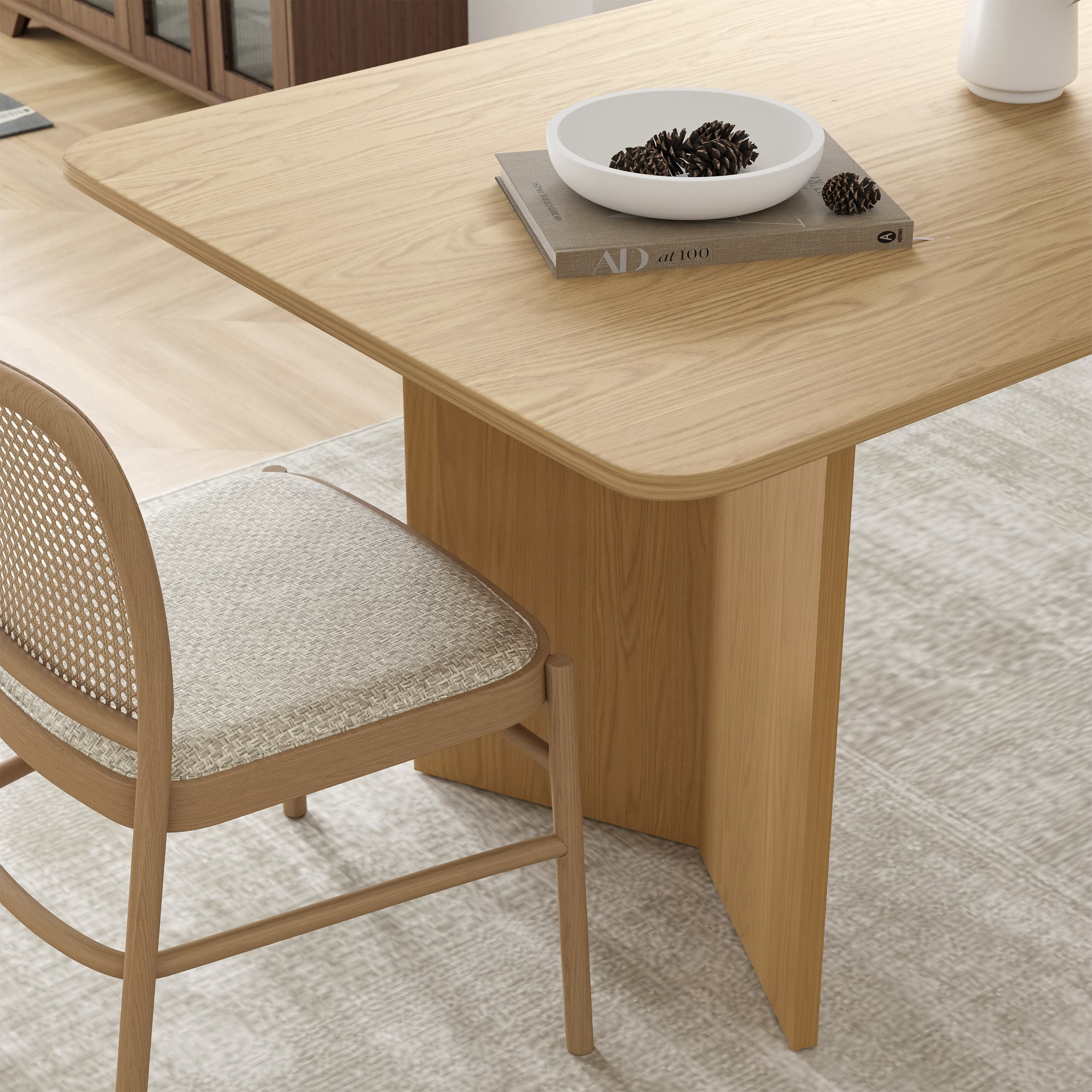 MAYEERTY 79"×33.5"×30" Natural Wood Square Dining Table - V-Shaped Legs, Compact for Apartments