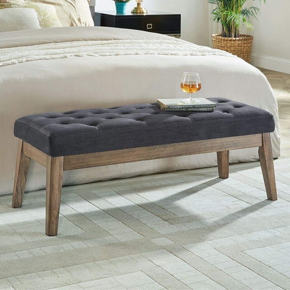 Midnight Velvet Tufted Bench with Solid Wood Legs, Bedside or Entryway
