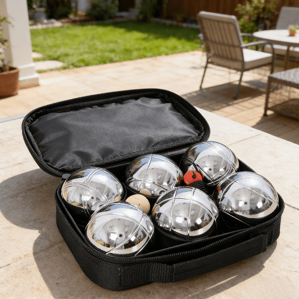 Set of 6 Classic Boules Boccia Game 2.75in 1.5lb Metal Balls Wooden Jack Outdoor Lawn Backyard Beach Family Party Adult Precision Sport Measure Tool Heavy Duty Pattern Lines Tri Color Kit Play