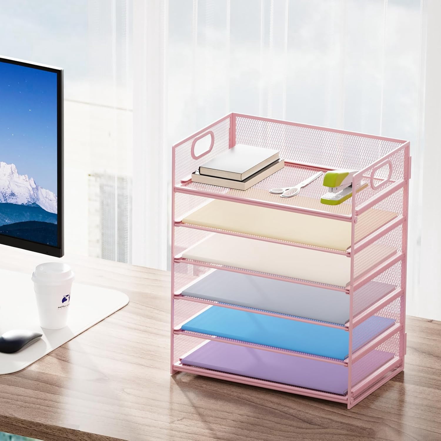 6-Layer Paper Organizer Letter Tray - Grid Desktop File Organizer with Handle, Paper Sorting Organizer for Letter/A4 Office Folders - Black