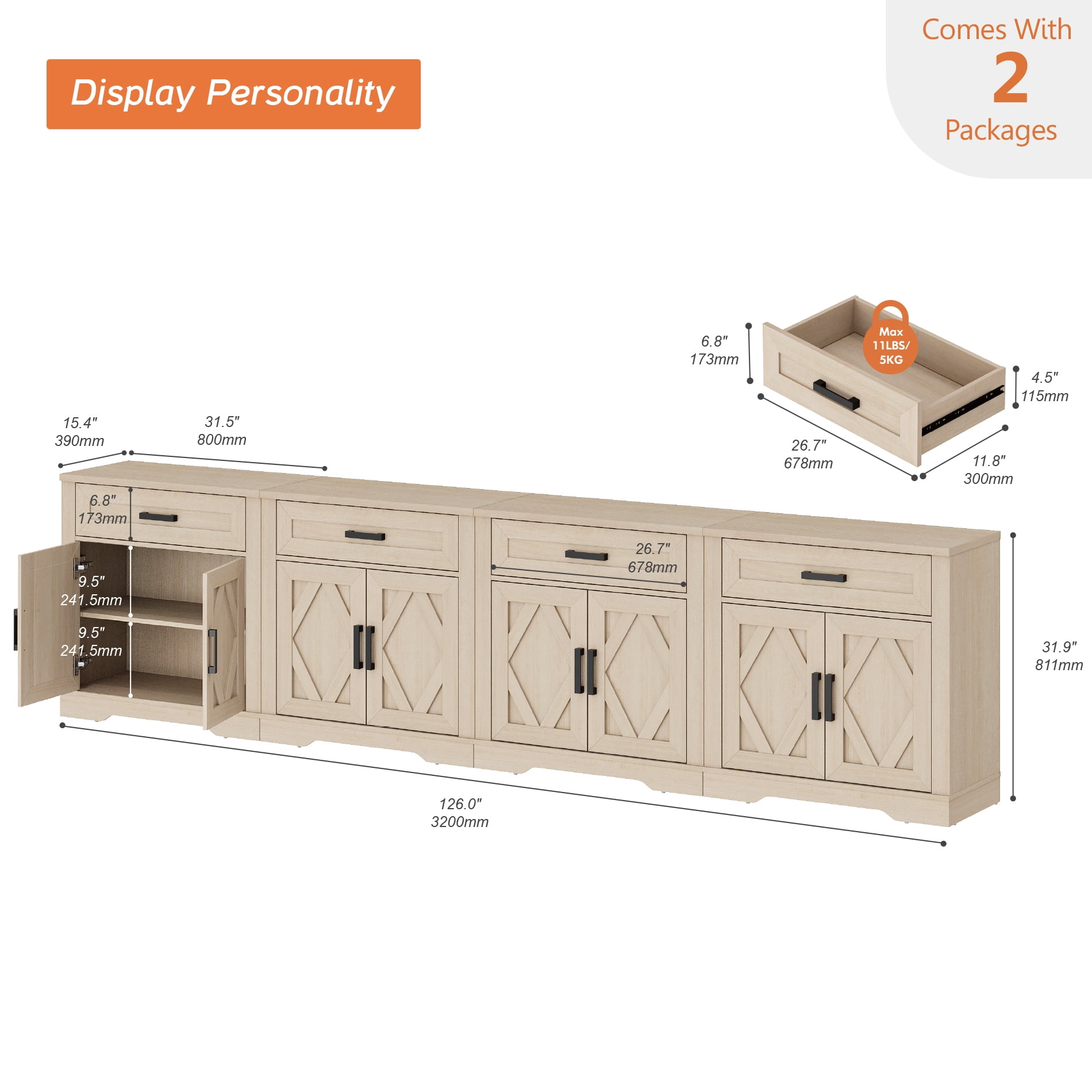 WAMPAT 126"W Large TV Stand,4-in-1 Farmhouse Entertainment Center with Storage Barn Door Cabinet,TV Console Table with Media Cabinet and Drawers for Living Room,Bedroom,Beige