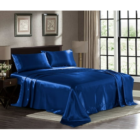 Ultra Soft Silky Satin Bed Sheet Set With Pillowcase , Fresh Linen, Navy Blue, (Best Bed Linen In The World Reviews)