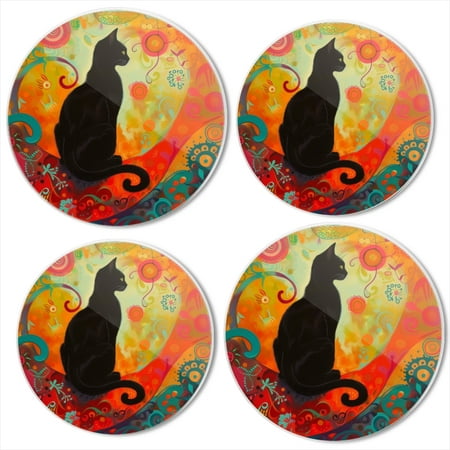 

BaHomeck Electric Stove Burner Covers Set of 4 Round Metal Gas Stove Burner Covers 8 Inch and 10 Inch Kitchen Decor Black Cat Sits On Abstract Background With Vibrant Colors