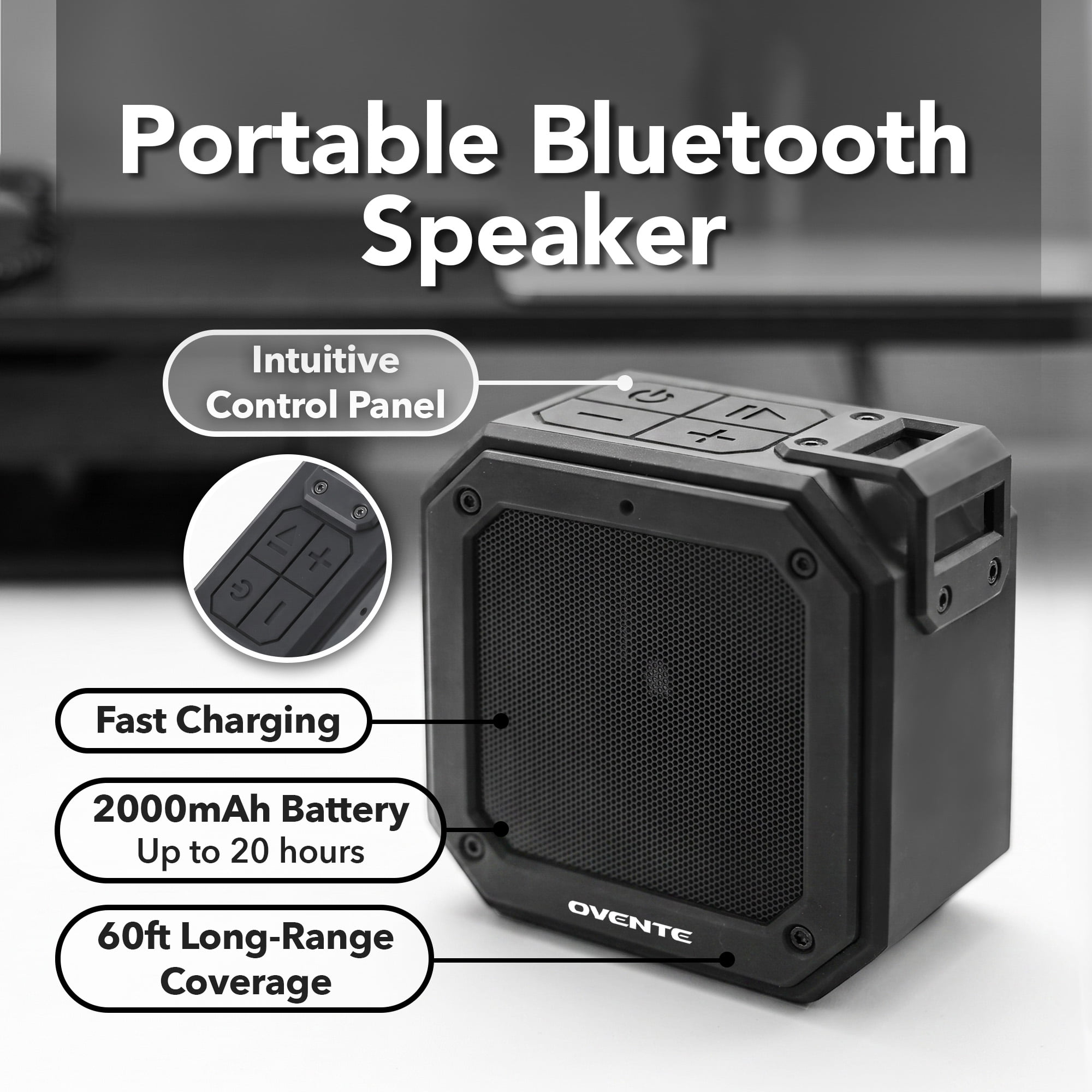 OVENTE Portable Wireless Bluetooth Speaker, IPX6 Waterproof, Black ZA1200B | Mini Stereo Player with TWS Pairing and Up to 20H Playtime, Lightweight Speaker for Shower, Pool, Outdoor Party, & Travel