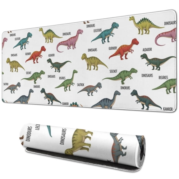 Long Mouse Pads for Desk,White Cartoon Dinosaurs Names Pattern Desk Mats on Top Of Desks, Desk Mouse Pad Extra Large with 3mm Non-Slip Base and Stitched Edge for Gaming,Office,Work,Home 31.5"x11.8"