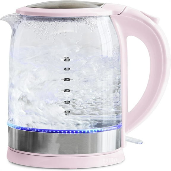 1.7 Liter Glass Electric Kettle, Easy One Touch Use, Quick Heating, Filtered Spout, LED Base, Auto Shut-Off, Cordless Serving, Coffee and Tea, Pink