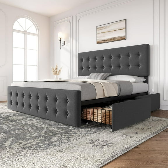 Maritcute King Size Bed Frame with 4 Storage Drawers and Adjustable Headboard, Upholstered Mattress Foundation with Skin-Frienly Linen, No Box Spring Needed, Dark Grey