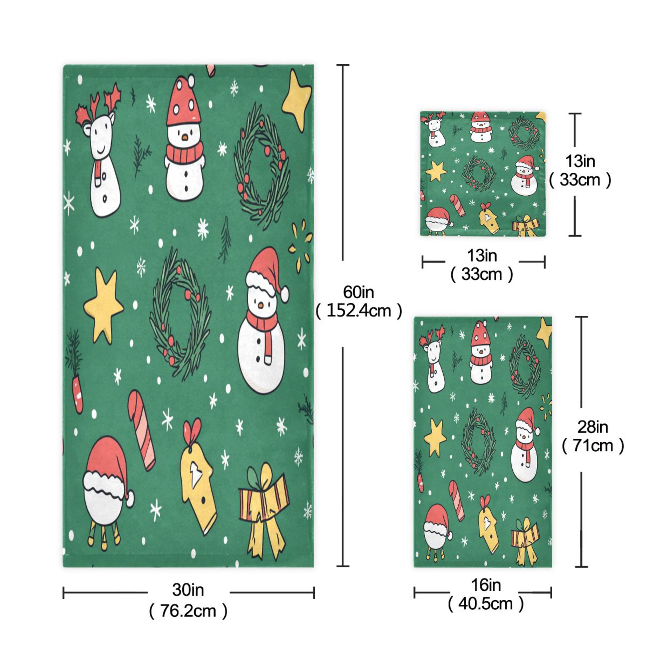 WOBOGO Cartoon Christmas Patterns with Simple Lines Ultra Soft 3 Pack Cotton Towel Set Includes 60 x 30in Bath Towel 28 x 16in Face Towel and 13 x 13in Small Square Towel for Everyday Use Lightweight