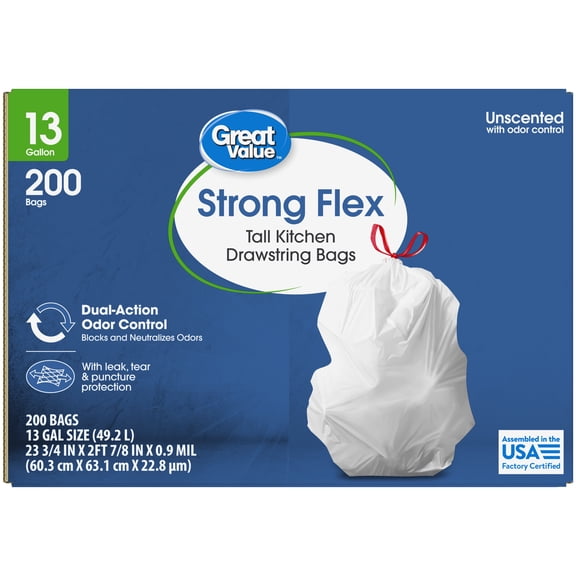 Great Value 13-Gallon Strong Flex Tall Kitchen Drawstring Trash Bags, 200 Count