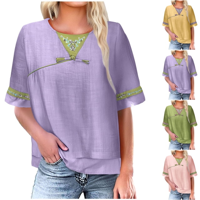 Chemises en Coton et Lin pour Femmes Grande Taille Couleur Unie Manches Courtes Col Rond T-Shirt Haut en Lin Grande Chemise Verte