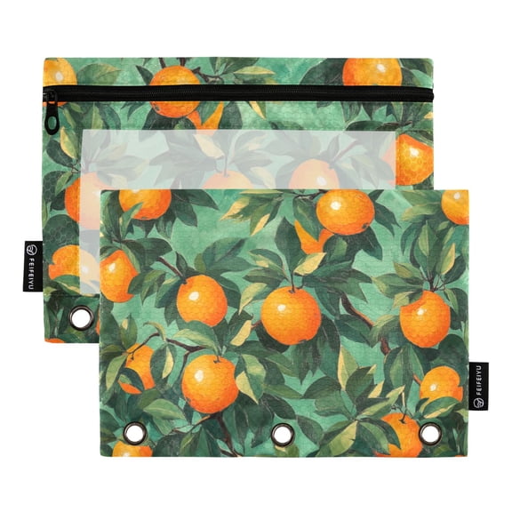 FORMRS 2 Pack Pencil Pouch for 3 Ring Binder with Clear Window Zipper Case, Orange Tree Pattern