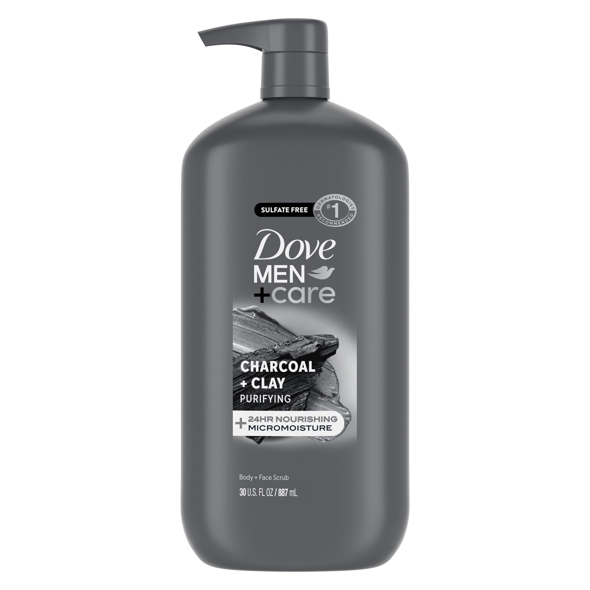 Dove Men+Care Body And Face Scrub Body Wash For Men Charcoal + Clay With 24-Hour Nourishing Micromoisture Technology, 30 fl oz