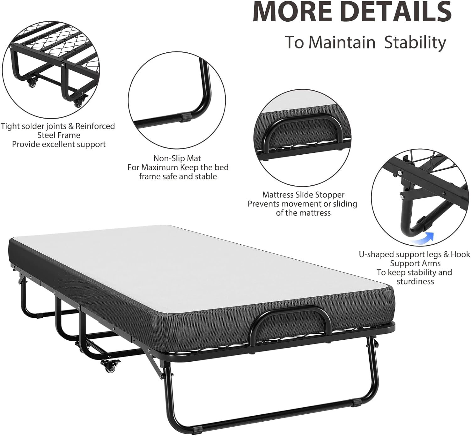 Metal Folding Bed with 5 Inch Mattress Twin Size Portable Guest Beds with Memory Foam Mattress&Wheels,Easy Storage and Move