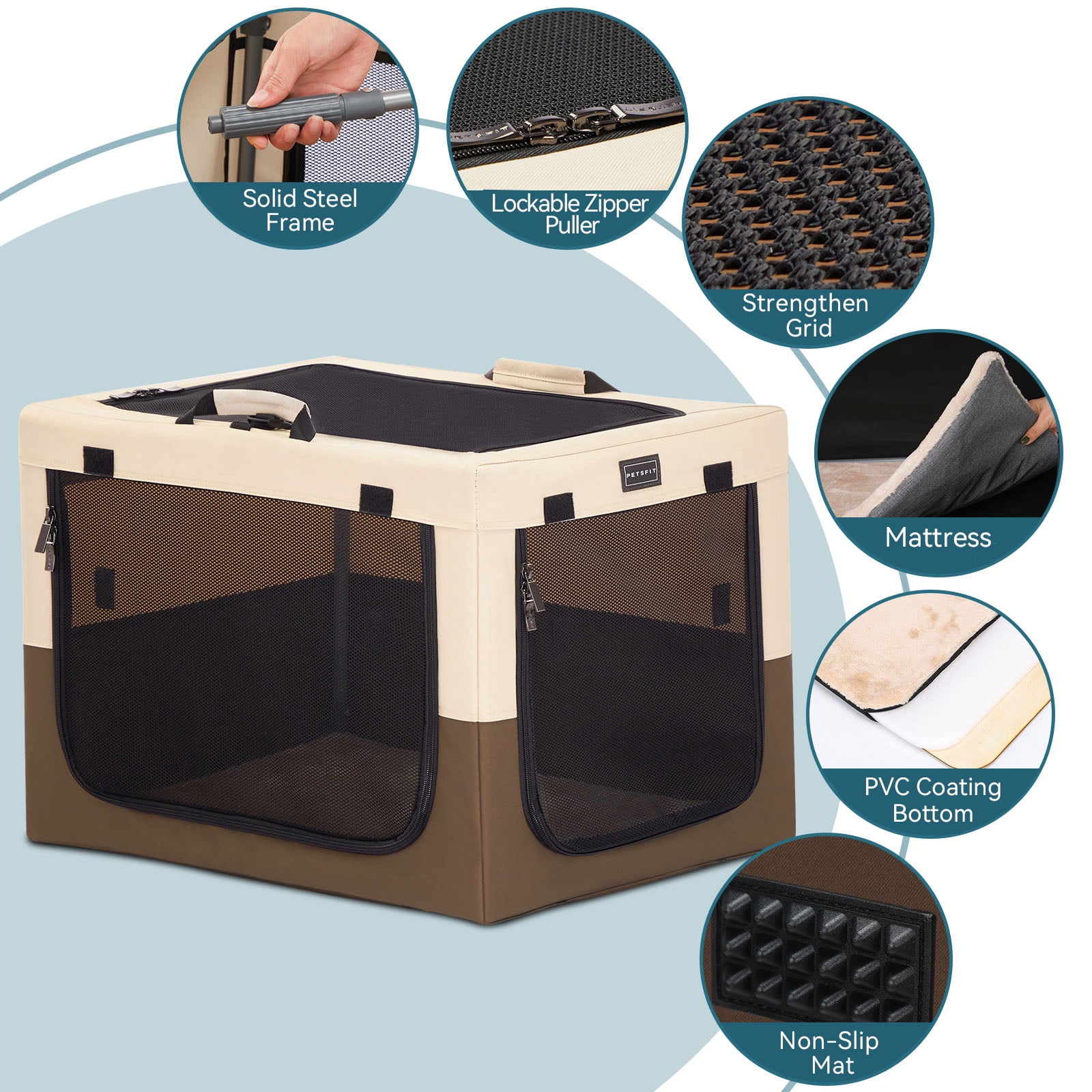 PETSFIT Collapsible Dog Crate, Portable Dog Crate - 30 Inch Easy Set-up, Light, Sturdy, Comfy Inside with Thicken Mat, Soft Sided Crate for Home and Travel Brown