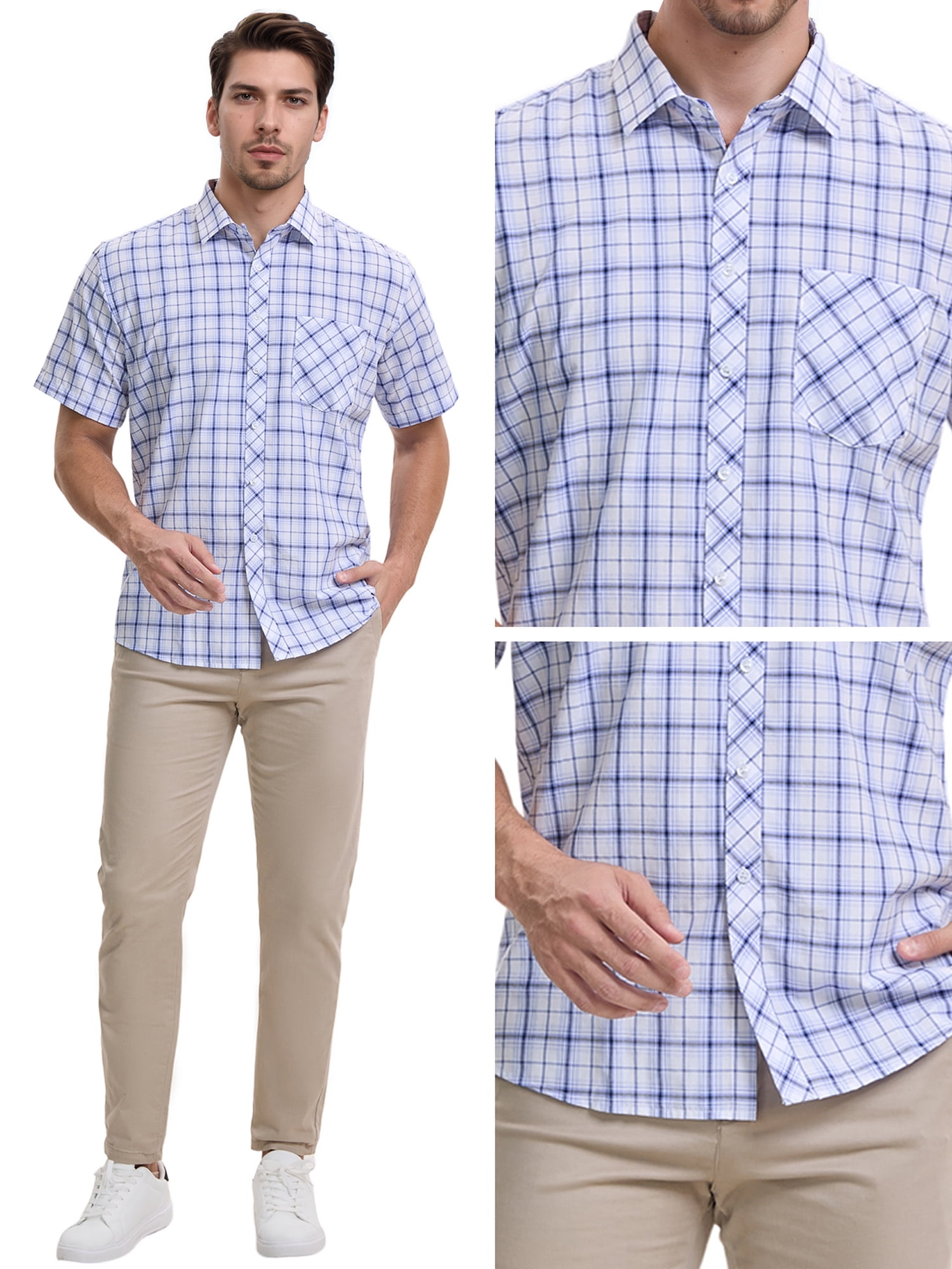 DARING DIVA Men's Plaid Short Sleeved Button Down Business Checked Dress Shirt M Blue