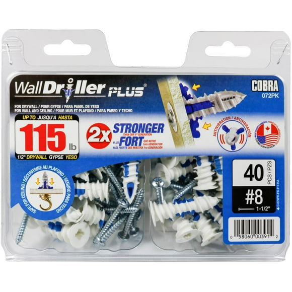 8 WallDriller Plus Anchors - avec Vis, Lot de 40