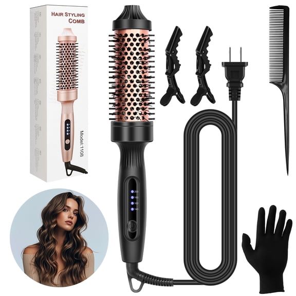JIGUOOR 1.5 inch Heated Thermal Brush,Heating Hot Round Comb, 4 Temp Settings 140-200°C, Volumize Hair & Create Natural Curls, Anti-Scald, Black