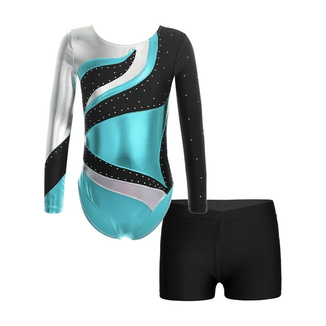 TiaoBug Girls 2Pcs Rhinestone Tracksuit Long Sleeve Gymnastics Dance Outfit Leotard with Shorts Unitard B01 14