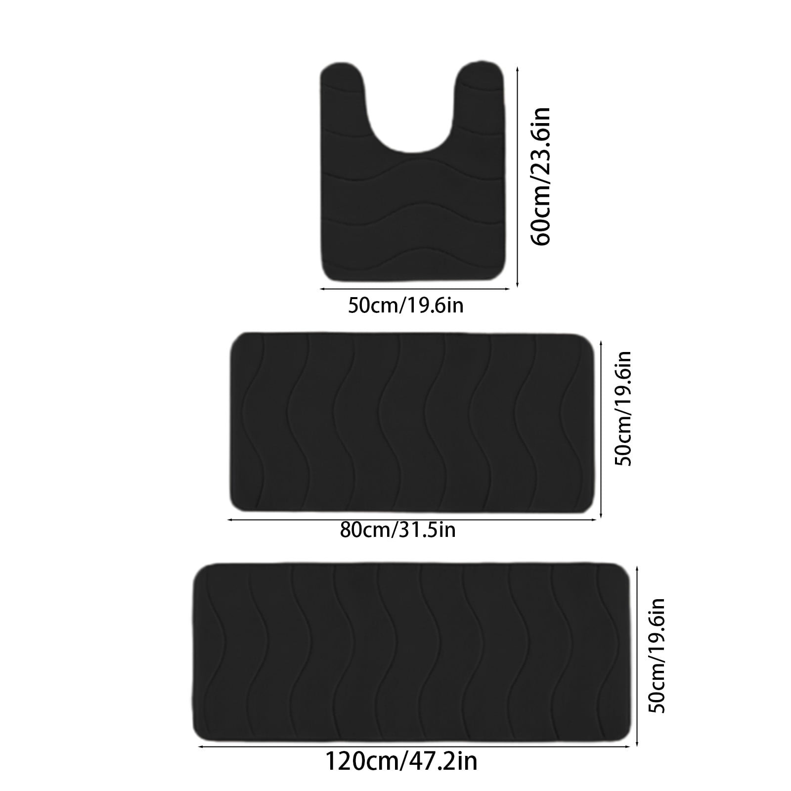 Beautynvta Memory Foam Bath Mat Set, 3 Pieces Quick-Dry Absorbent Bath Mats and U-Shaped Contour Rug for Bathroom, Non-Slip and Soft Comfortable, Black