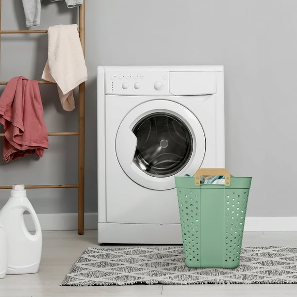 Mainstays Plastic Rectangle Laundry Basket, Sage Green, 2 Bushel