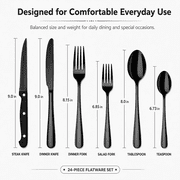 NULAS 24-Piece Silverware Set, Mirror Polish Stainless Steel Flatware Set. Includes Steak Knives, Dishwasher Safe for Home & Restaurant, Gifts, Black.